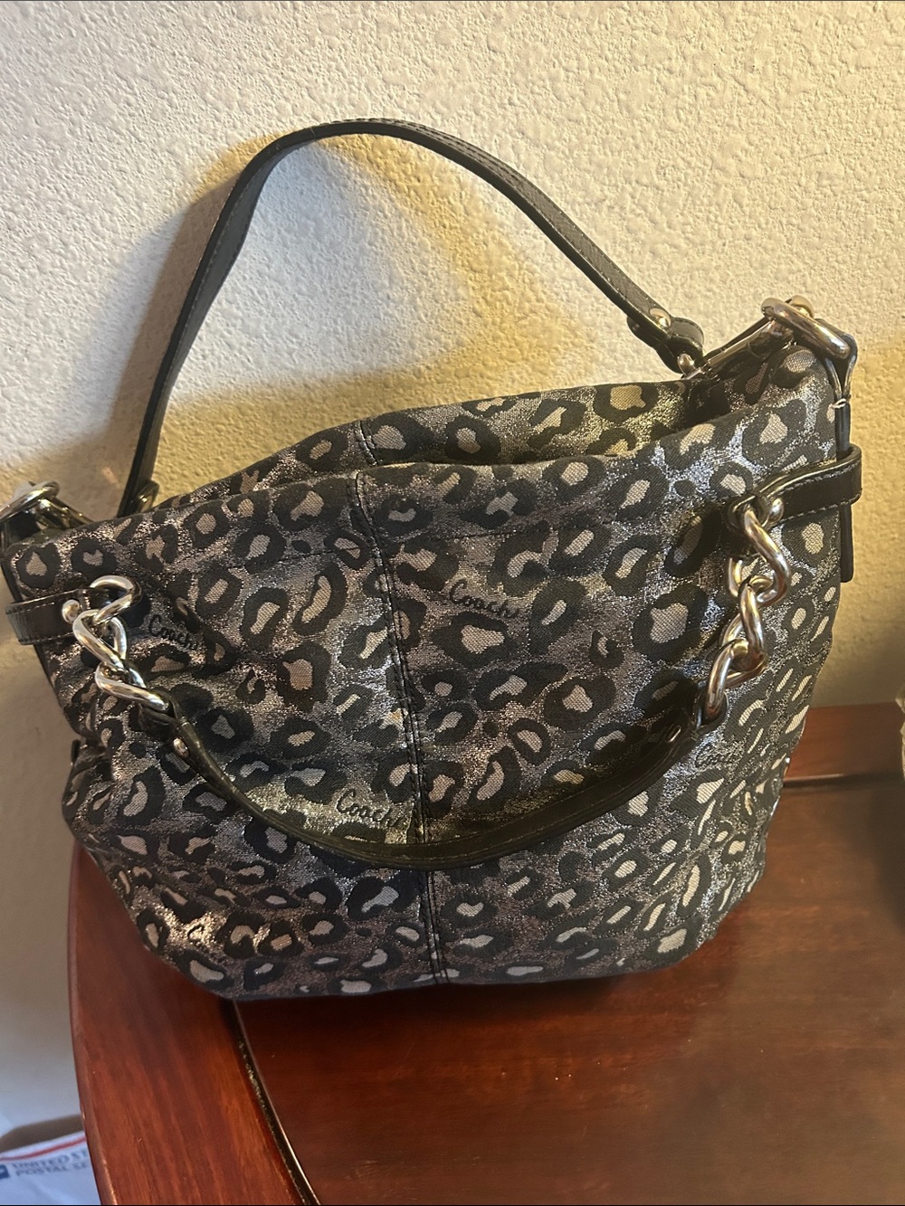 Coach Metallic Leopard-Print Shoulder Hobo in Black and Silver